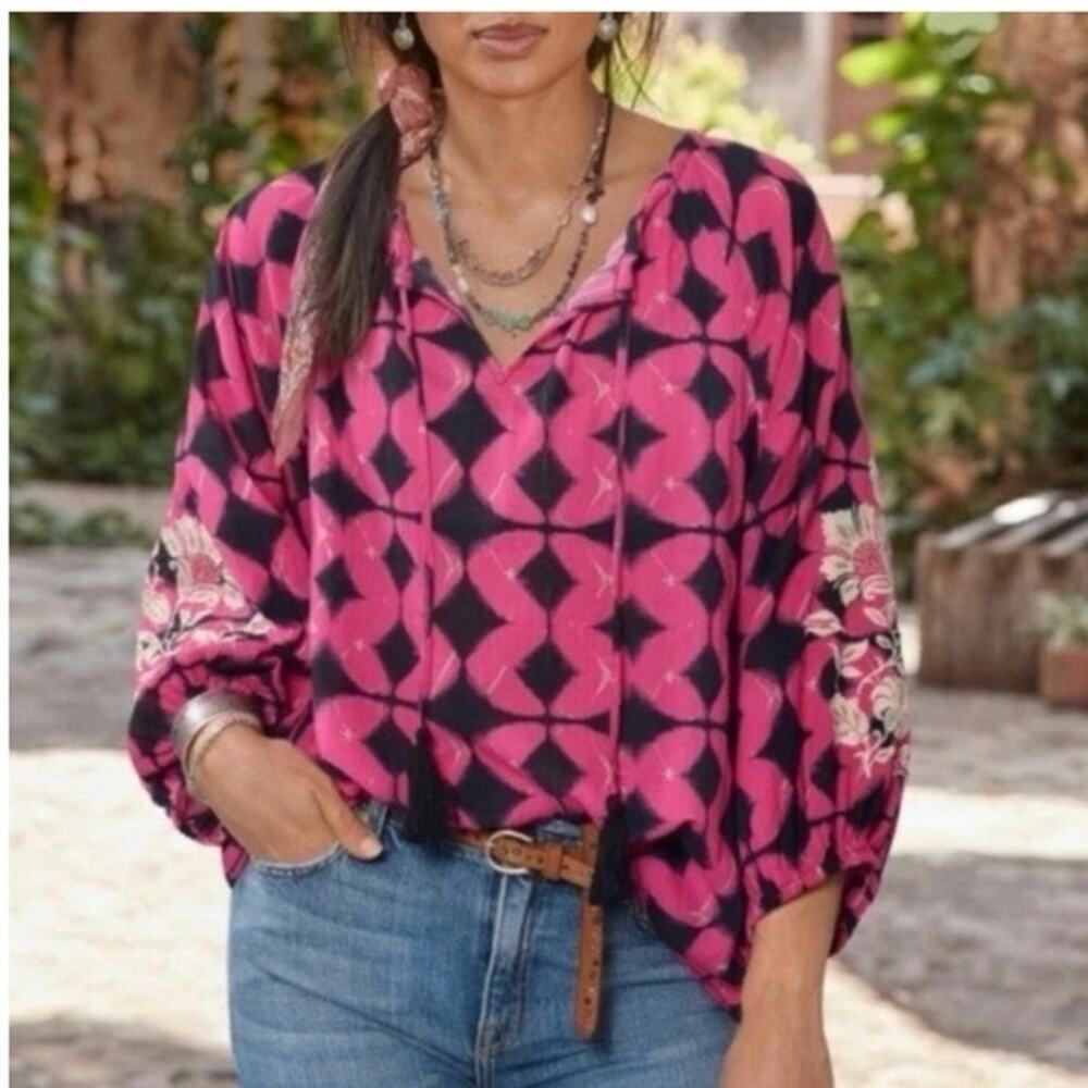 Sundance Embroidered Puff Sleeve Peasant Blouse Pink Womens Size XS
